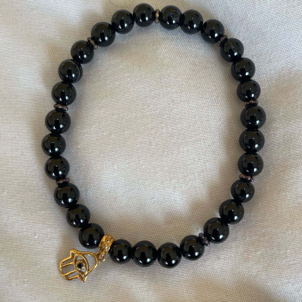Black Beaded Bracelet with Gold Charm